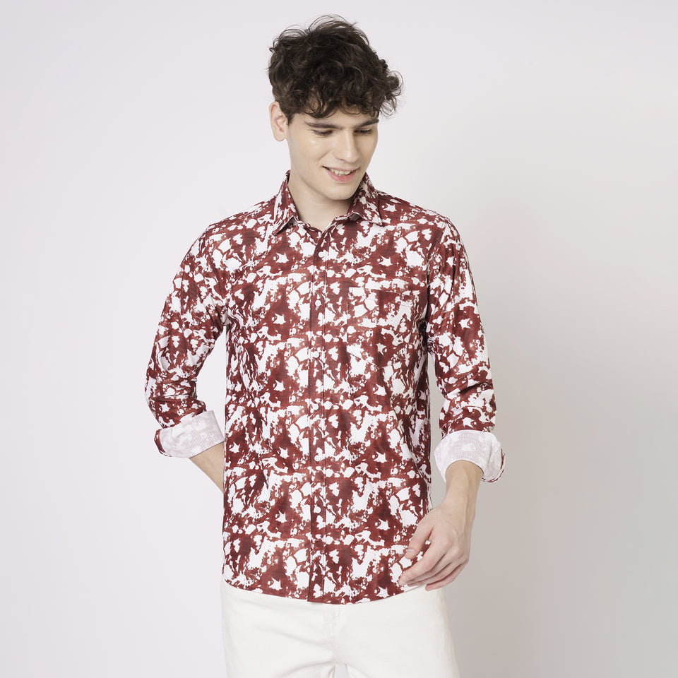 Men's red and white abstract printed shirt front view