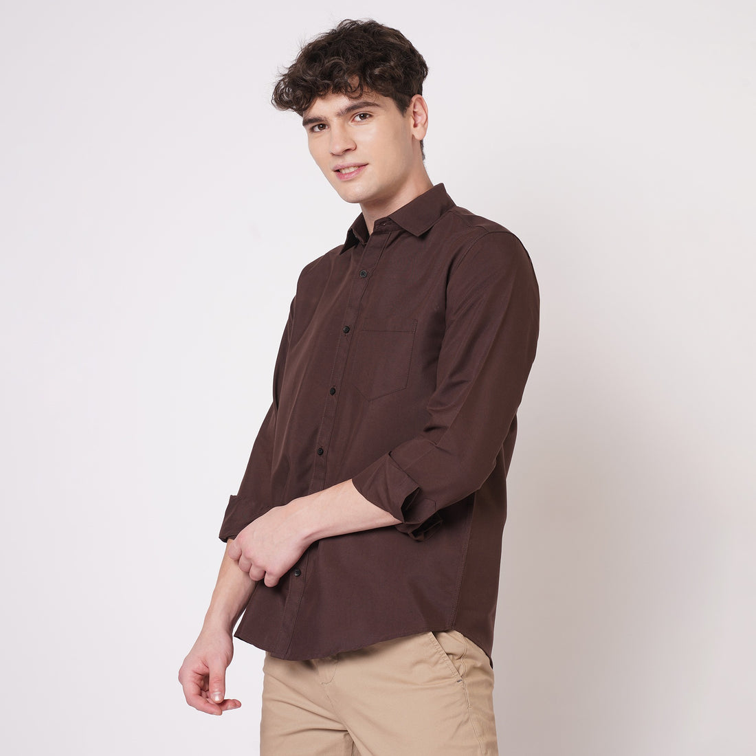 Chocolate brown cotton shirt for men - side view