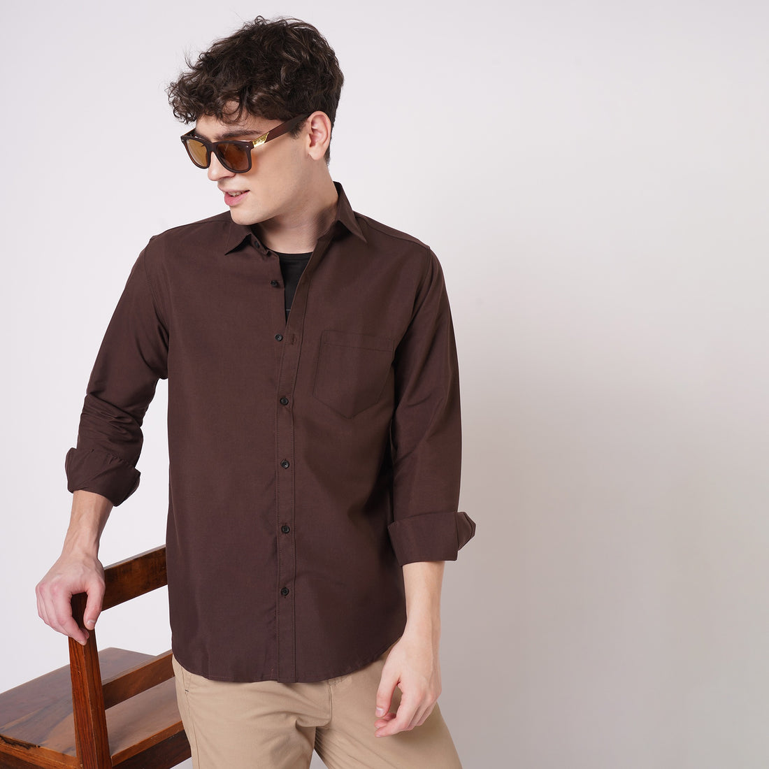 Chocolate brown spread collar shirt for men - styled close view