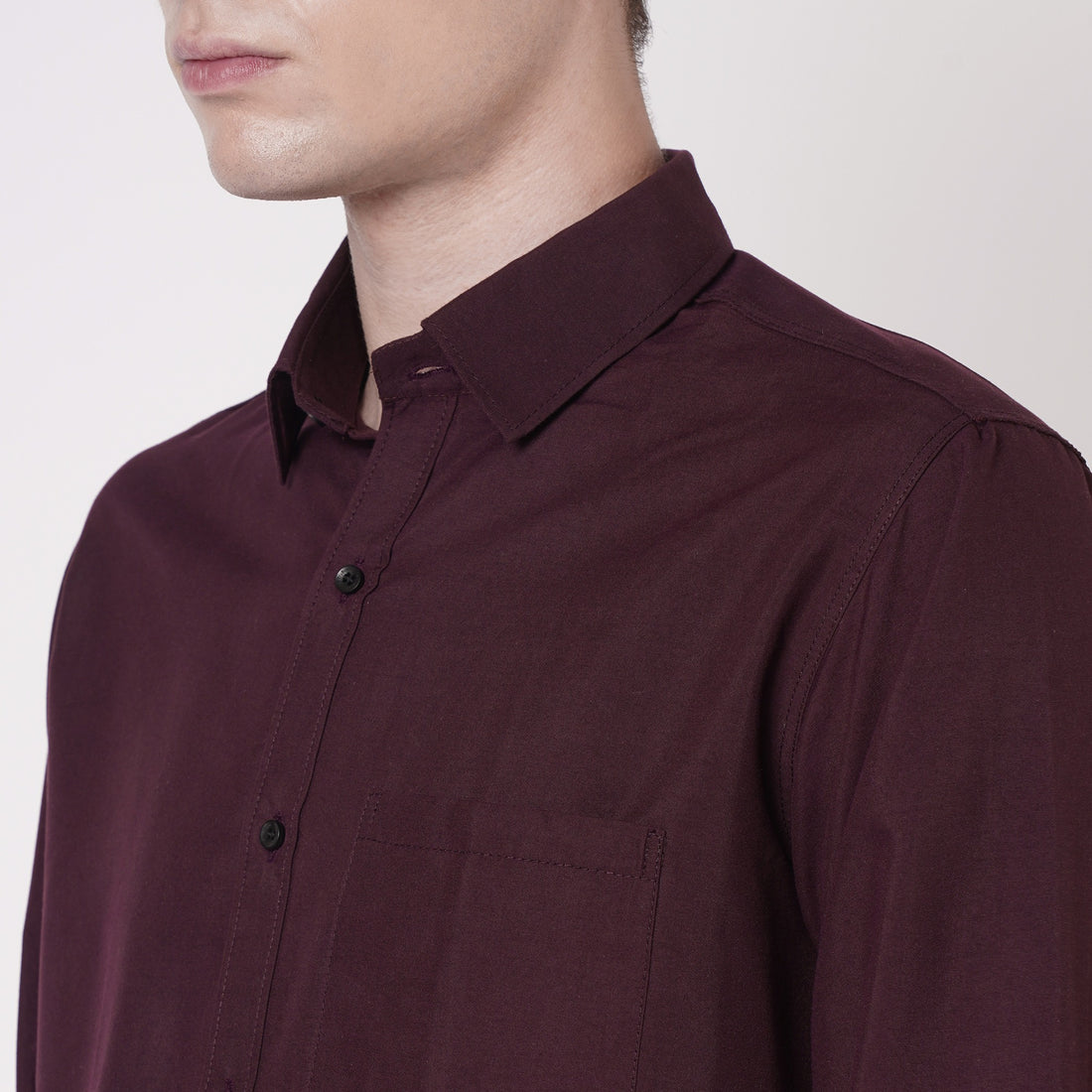 Wine maroon shirt spread collar and chest pocket detail