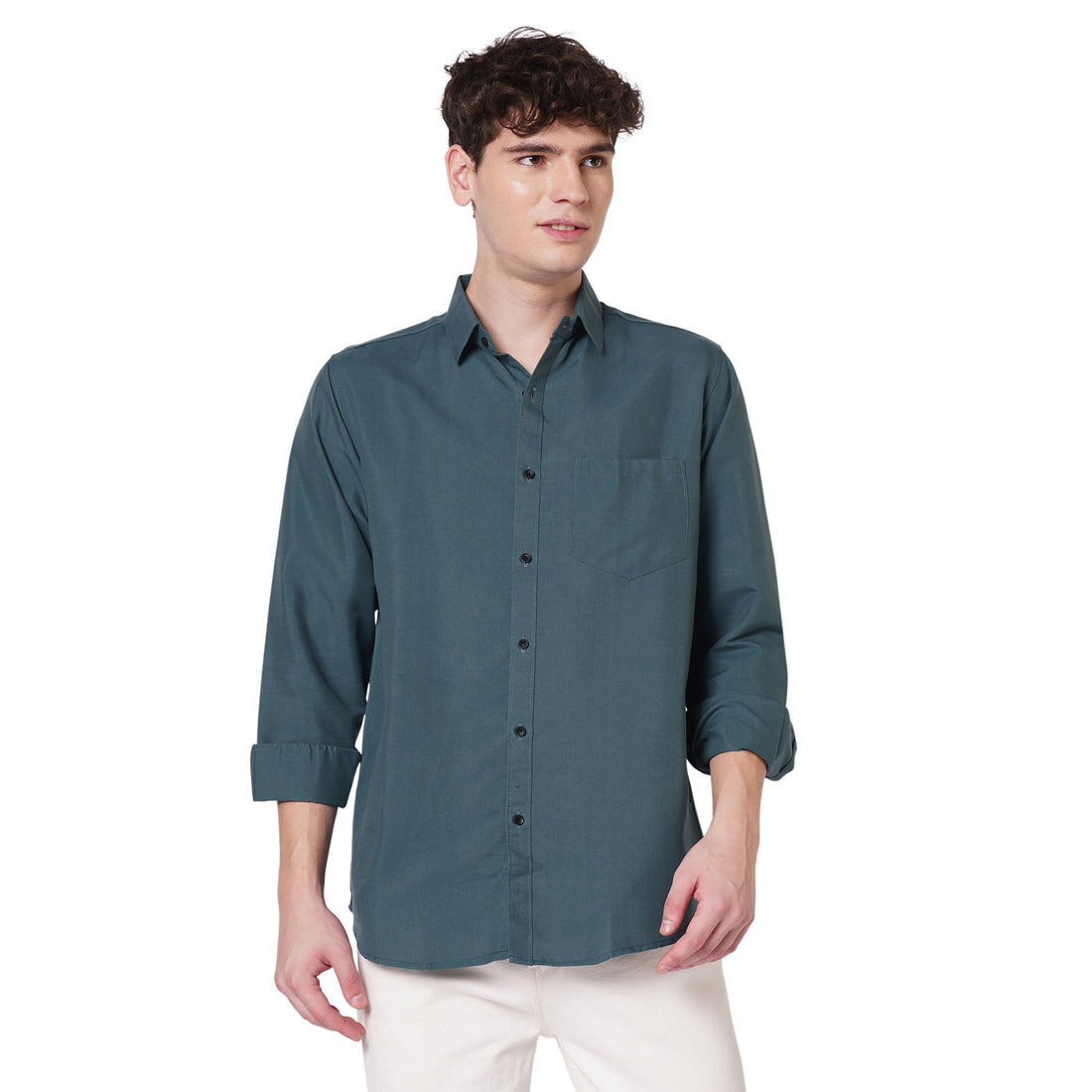 Men's teal green solid shirt front full view