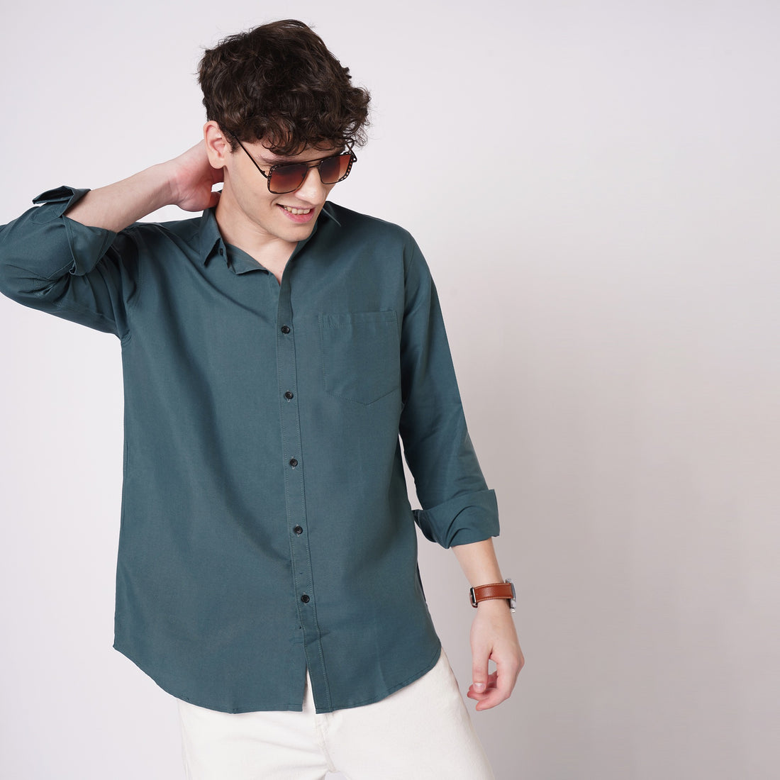 Men's teal green solid shirt lifestyle close view