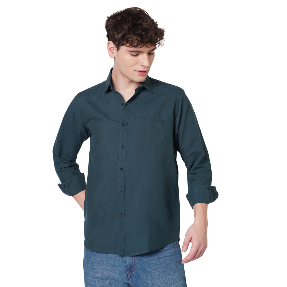 Men's deep teal solid shirt front view