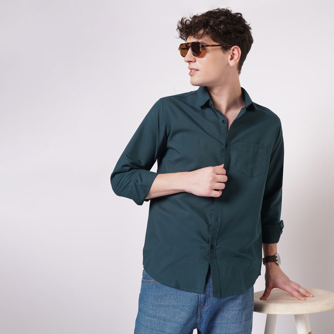 Men's deep teal solid shirt lifestyle close view