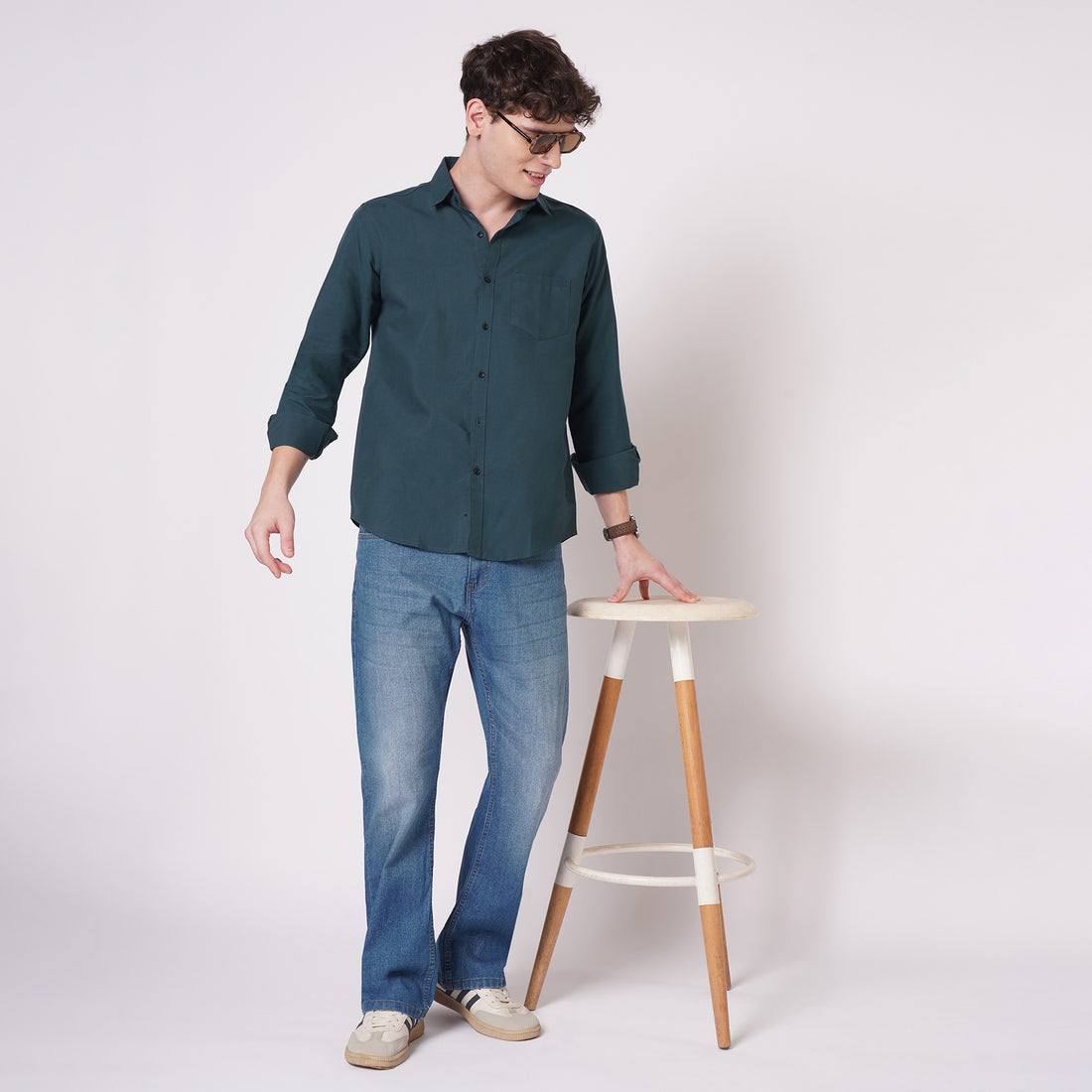 Men's deep teal solid shirt full-length lifestyle view