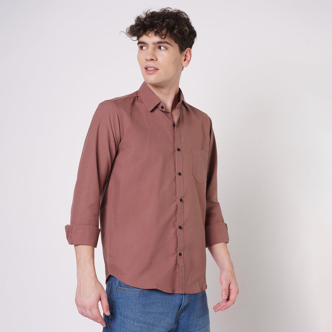 Men's dusty rose solid shirt angled front view