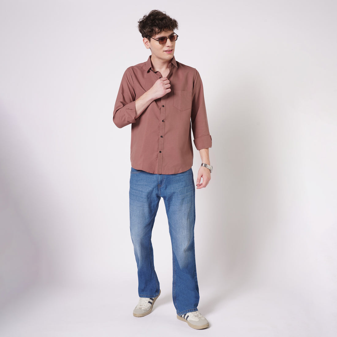 Men's dusty rose solid shirt full-length lifestyle view