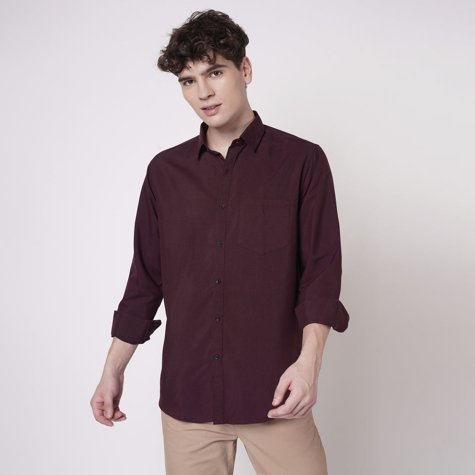Wine maroon cotton spread collar shirt for men - front view