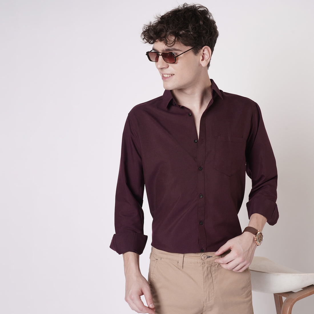 Wine maroon spread collar shirt for men - styled close view