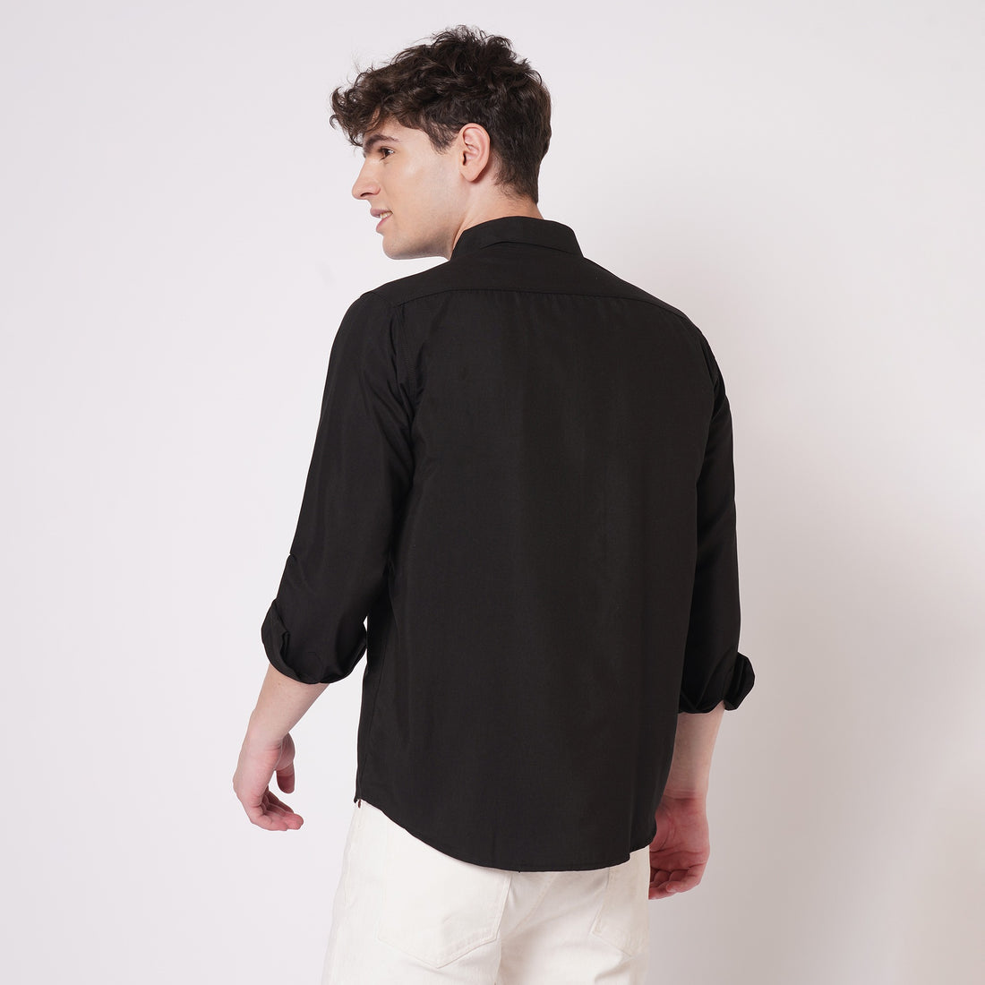 Black cotton spread collar shirt for men back view