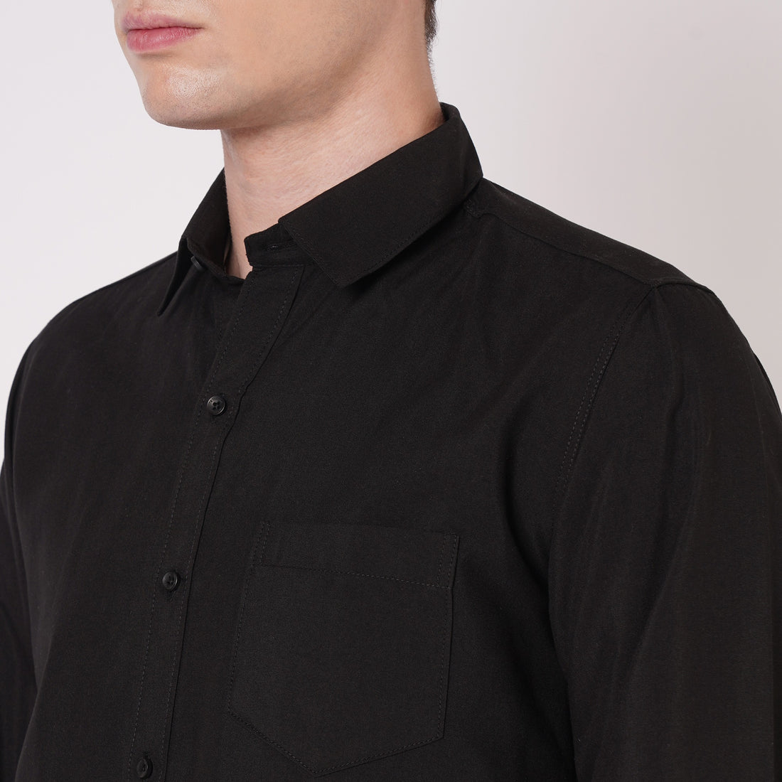 Black cotton shirt for men collar and chest pocket detail