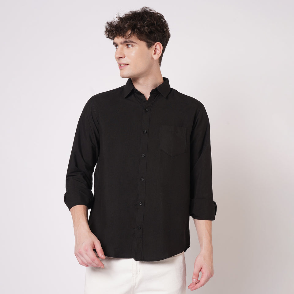 Black cotton spread collar shirt for men front view