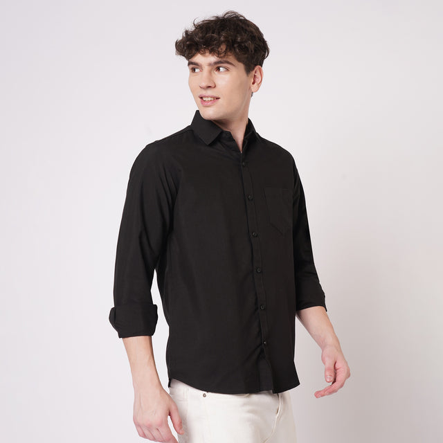 Black cotton spread collar shirt for men side view
