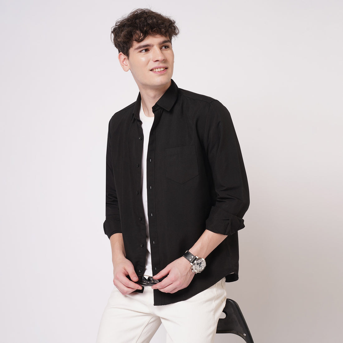 Black cotton shirt for men styled close view