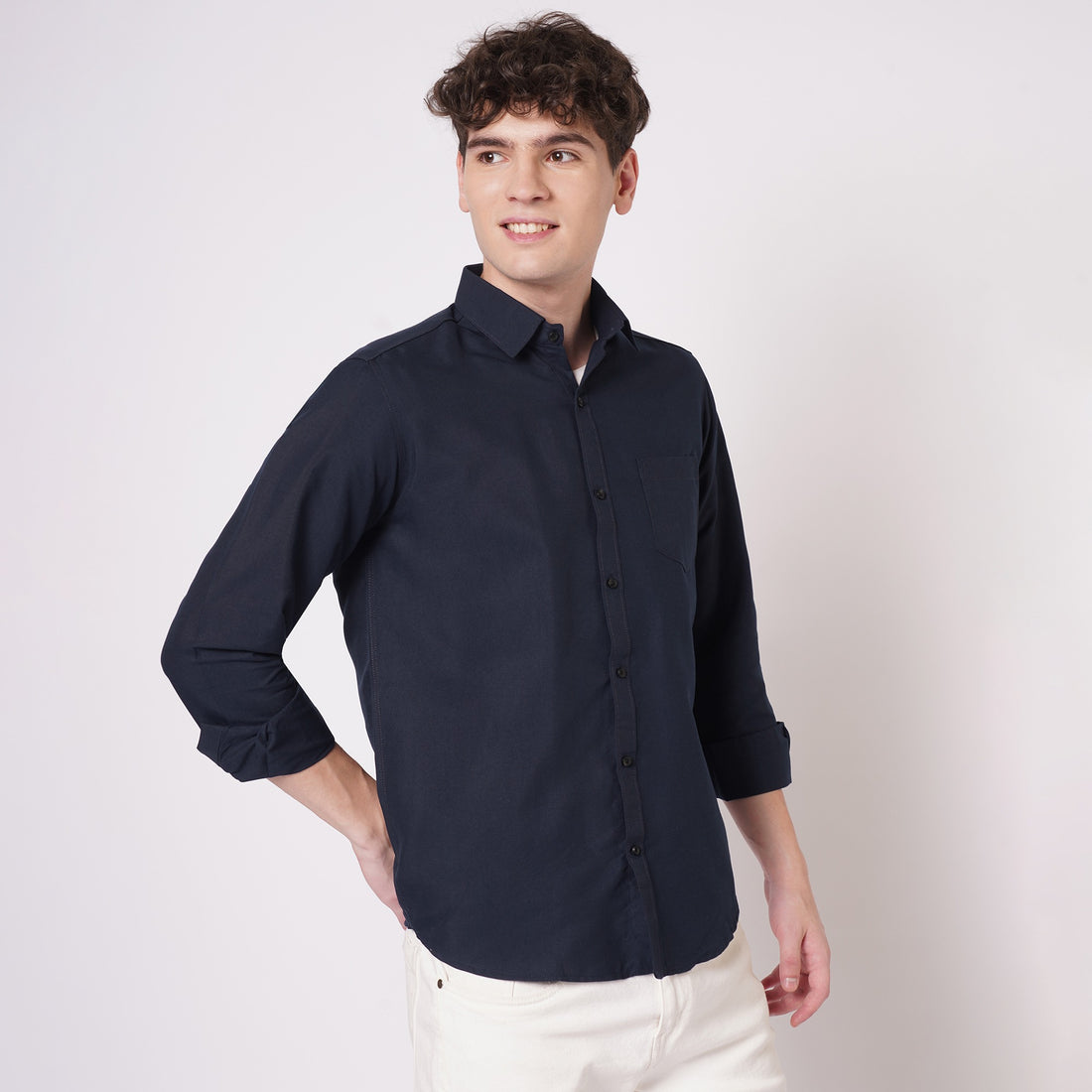 Navy blue cotton spread collar shirt for men three quarter view