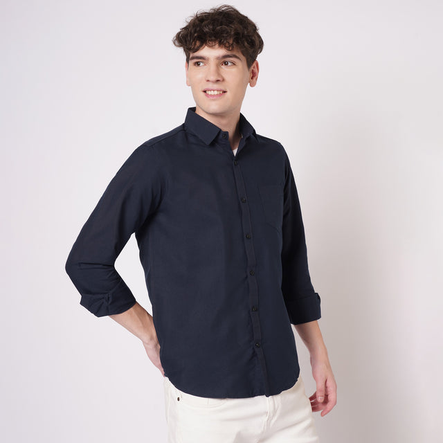 Navy blue cotton spread collar shirt for men three quarter view