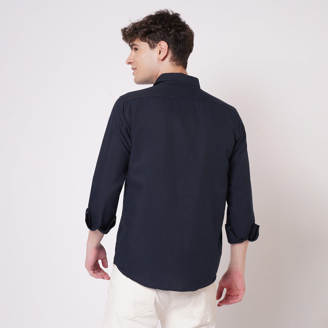 Navy blue cotton spread collar shirt for men back view