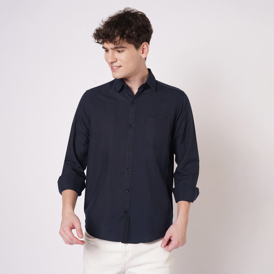 Navy blue cotton spread collar shirt for men front view