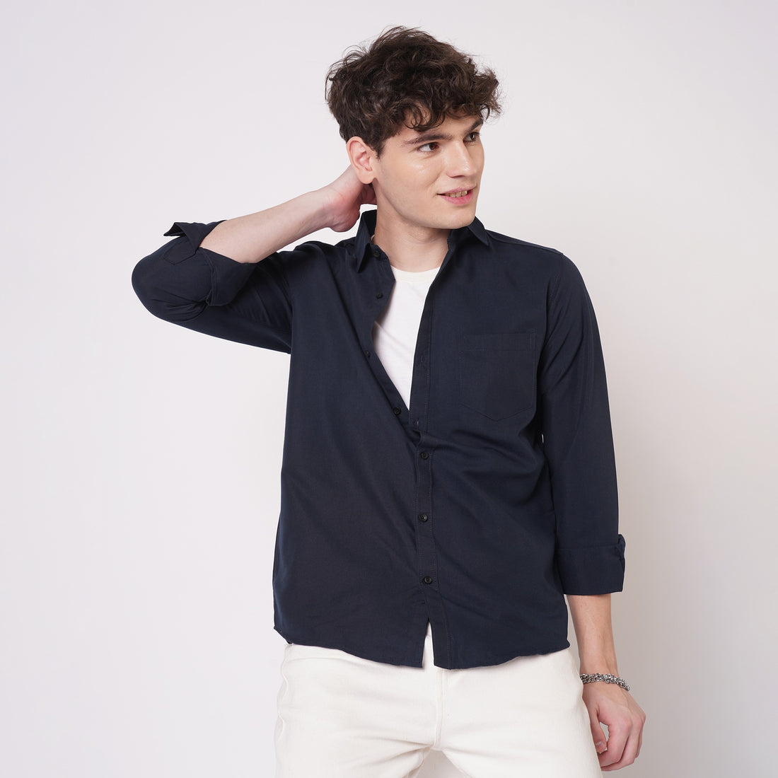 Navy blue cotton shirt for men layered over white T-shirt