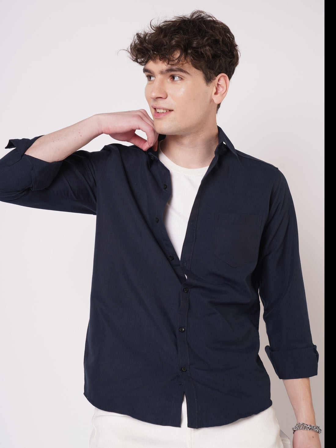 Navy blue cotton shirt for men styled close view