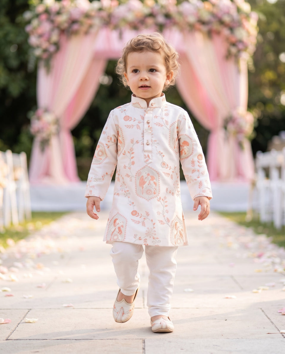 TryBuy boys ivory kurta with peach and silver bird and floral motifs, size 2-3 years, front view