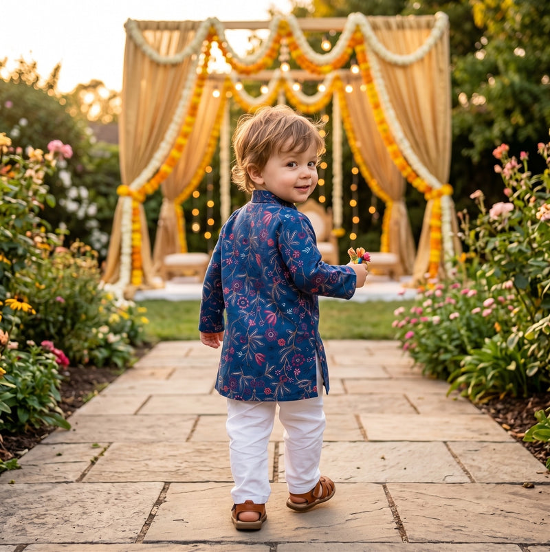 Boys Navy Blue Floral Embroidered Lachka Kurta Pyjama Set – 2–3 Years 3