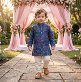 Boys Navy Blue Floral Embroidered Lachka Kurta Pyjama Set – 2–3 Years 1