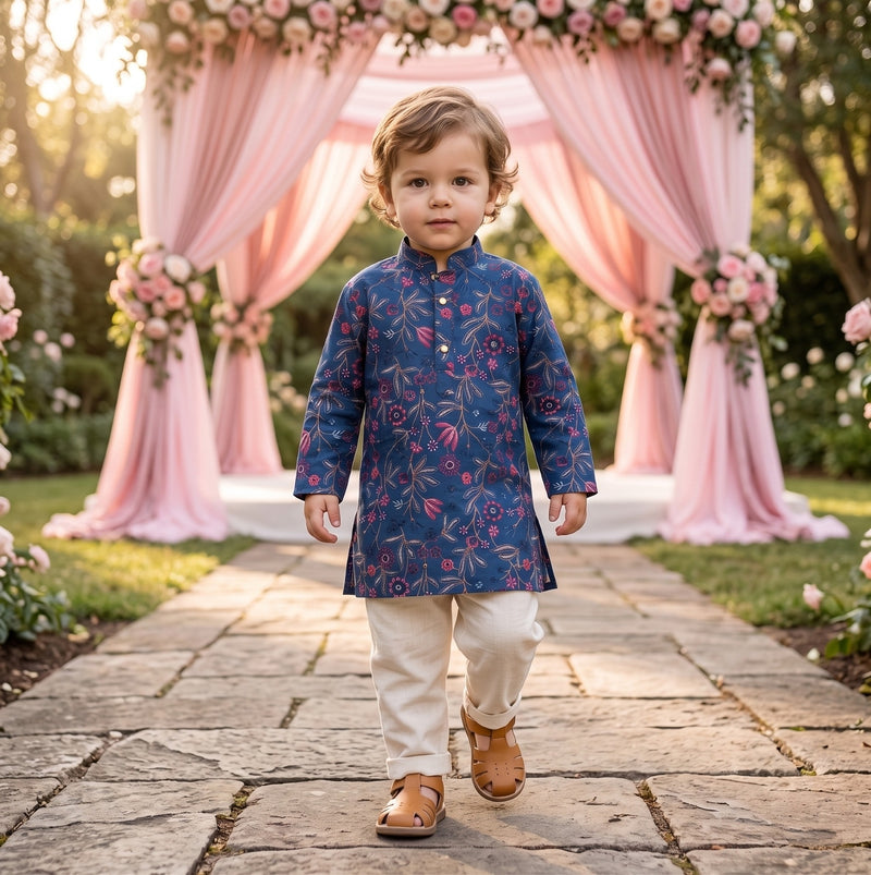 Boys Navy Blue Floral Embroidered Lachka Kurta Pyjama Set – 2–3 Years 1