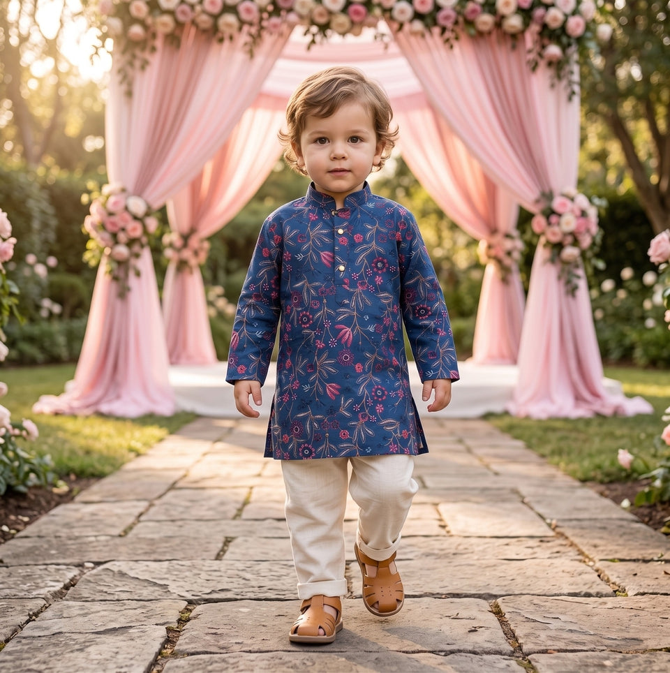 TRYBUY boys navy floral kurta with white pyjamas, full-length front view at a floral wedding arch