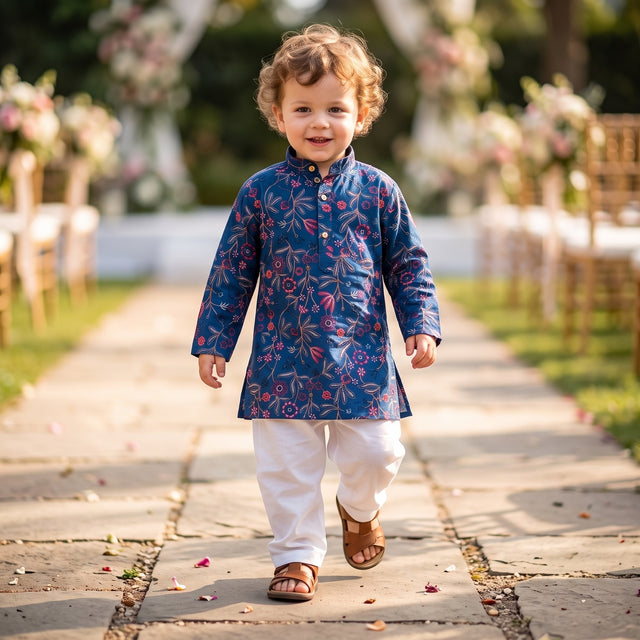 TRYBUY boys navy floral kurta with white pyjamas, front view showing the floral design and white pyjamas