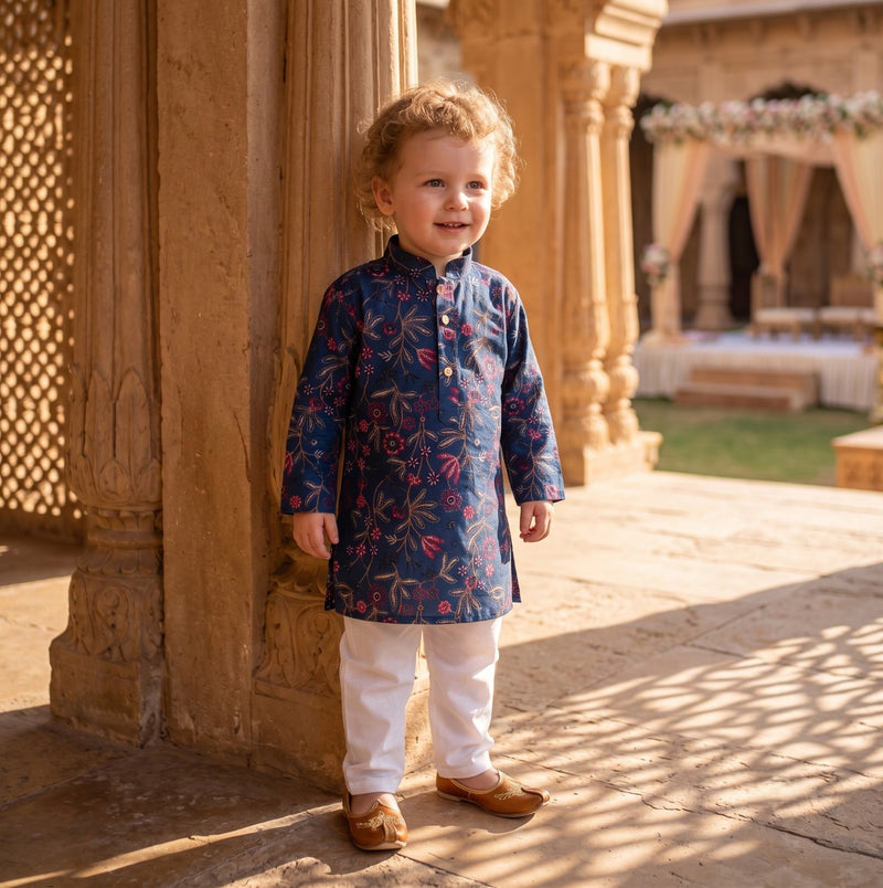 Boys Navy Blue Floral Embroidered Lachka Kurta Pyjama Set – 2–3 Years 10