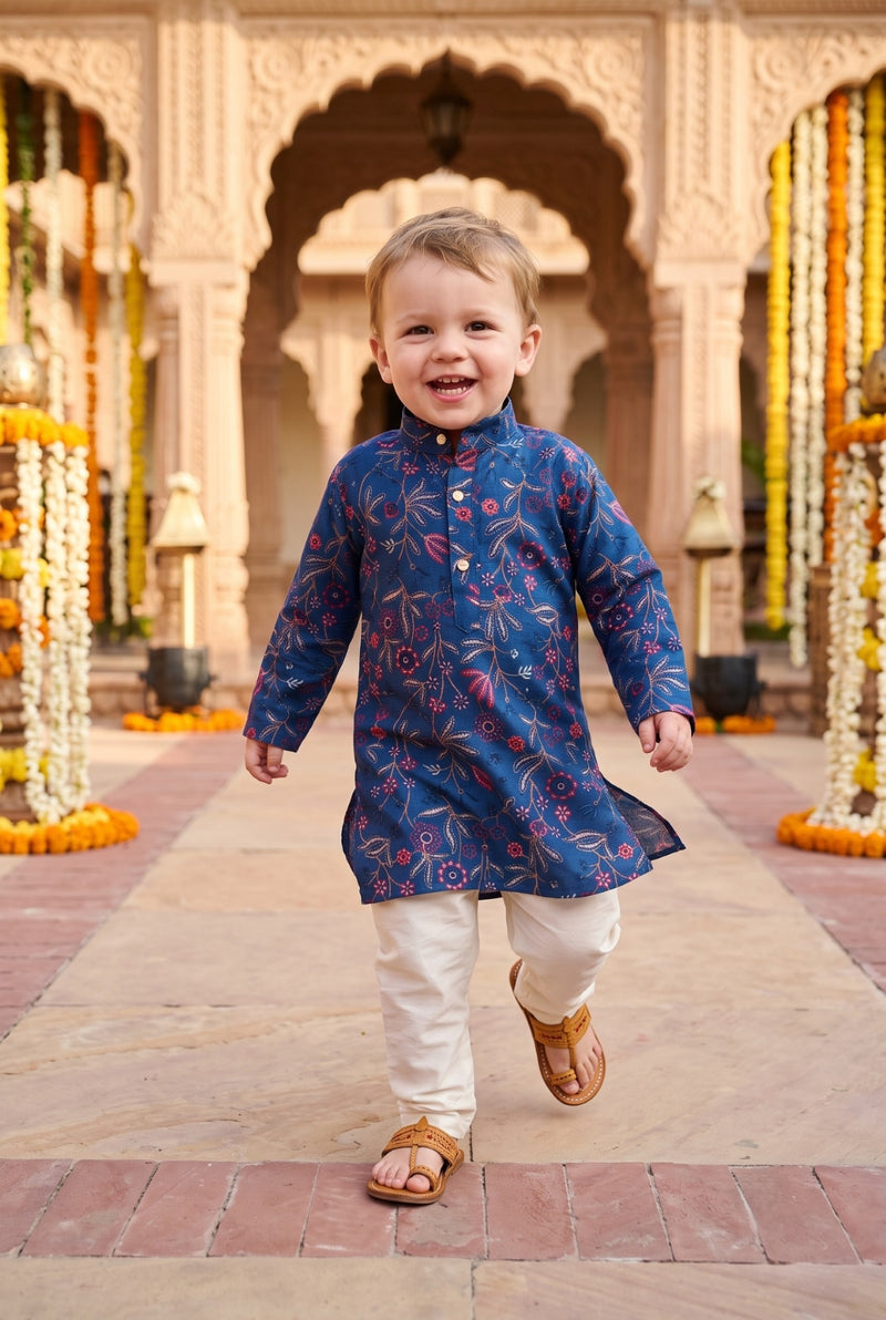 Boys Navy Blue Floral Embroidered Lachka Kurta Pyjama Set – 2–3 Years 9