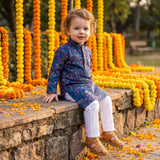 Boys Navy Blue Floral Embroidered Lachka Kurta Pyjama Set – 2–3 Years 5