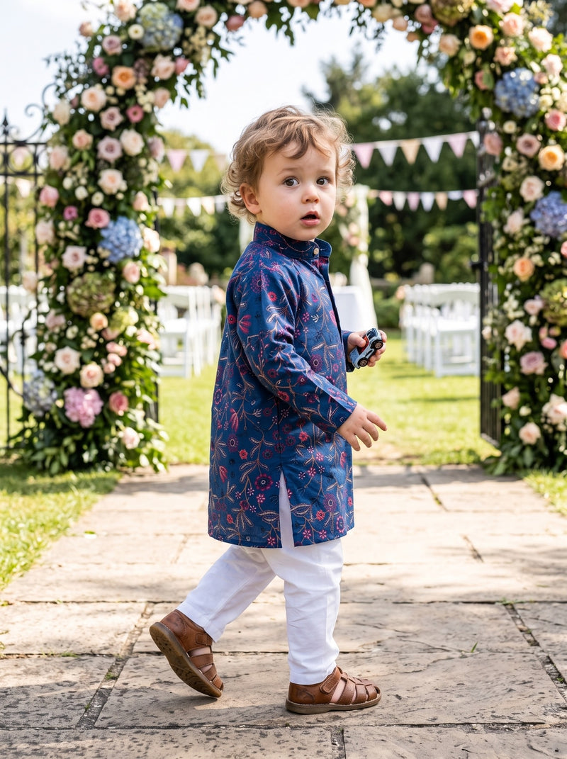 Boys Navy Blue Floral Embroidered Lachka Kurta Pyjama Set – 2–3 Years 7