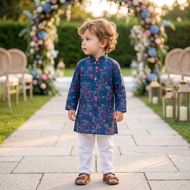 Boys Navy Blue Floral Embroidered Lachka Kurta Pyjama Set – 2–3 Years 8