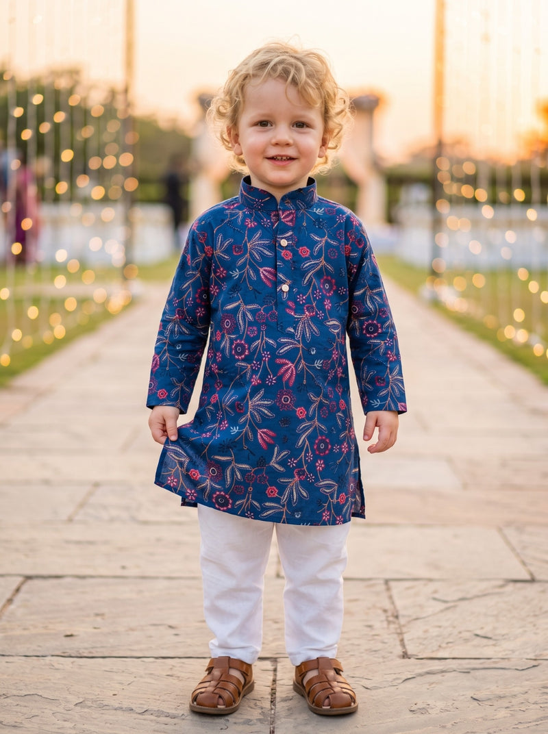 Boys Navy Blue Floral Embroidered Lachka Kurta Pyjama Set – 2–3 Years 6