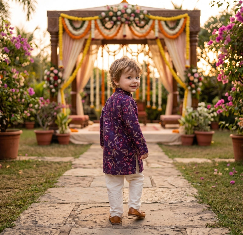 Boys Purple Floral Embroidered Cotton Blend Kurta – 2–3 Years 3