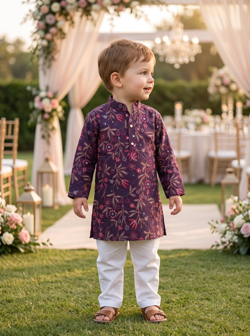 Boys Purple Floral Embroidered Cotton Blend Kurta – 2–3 Years 10