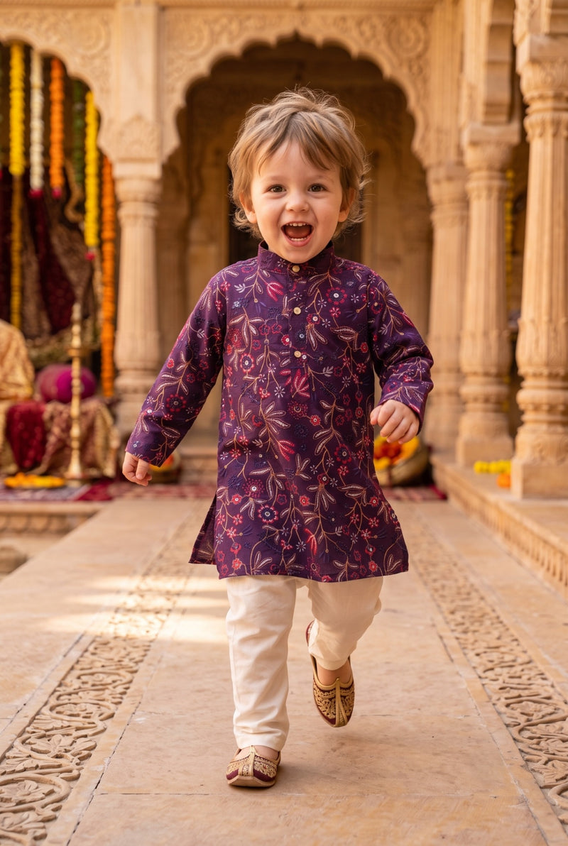 Boys Purple Floral Embroidered Cotton Blend Kurta – 2–3 Years 11