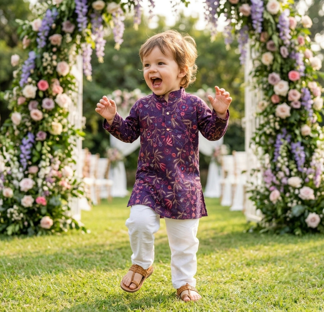 TRYBUY boys purple floral embroidered kurta shown in movement with long sleeves and a mandarin collar