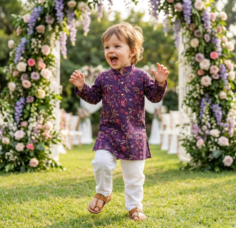 Boys Purple Floral Embroidered Cotton Blend Kurta – 2–3 Years 9