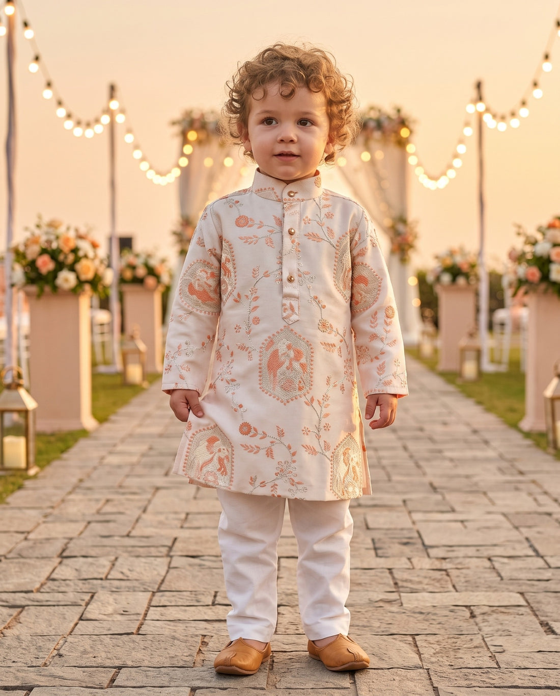 TryBuy boys ivory and peach motif kurta, 2-3 years — front view showing the mandarin collar and button placket