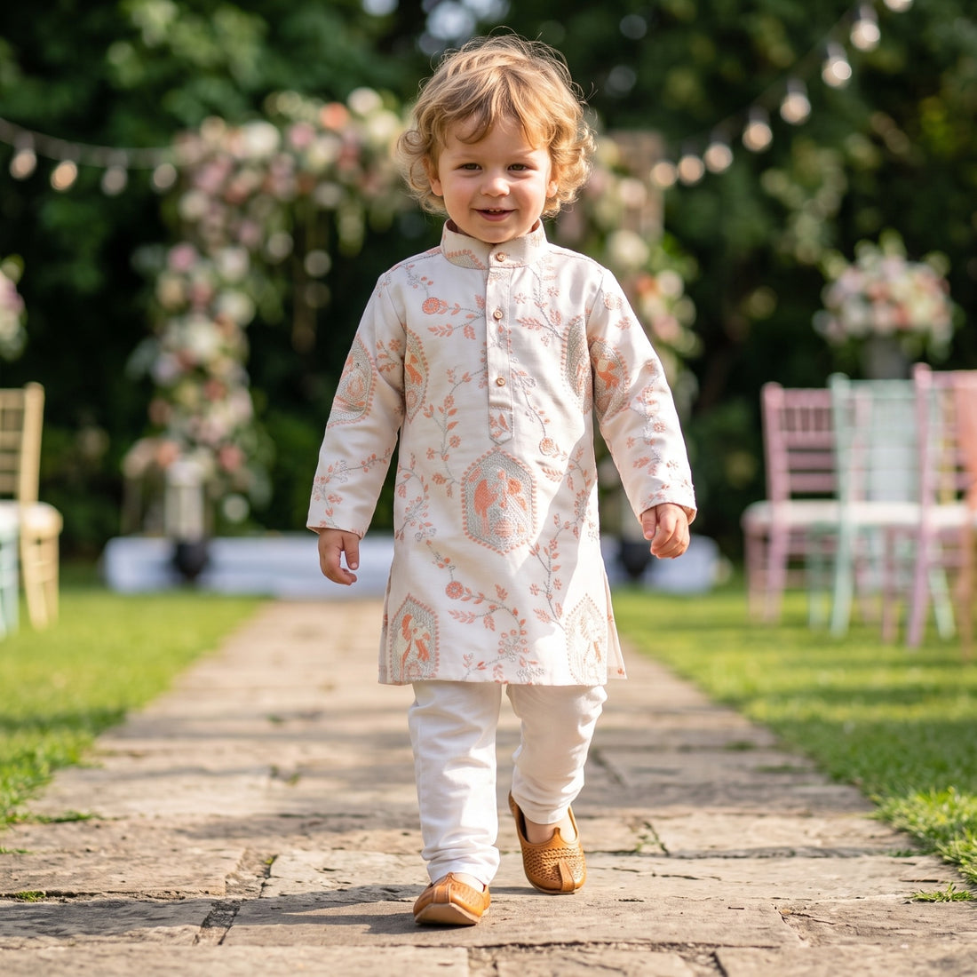 TryBuy boys ivory and peach motif kurta, 2-3 years — full-length walking view with white trousers used for styling