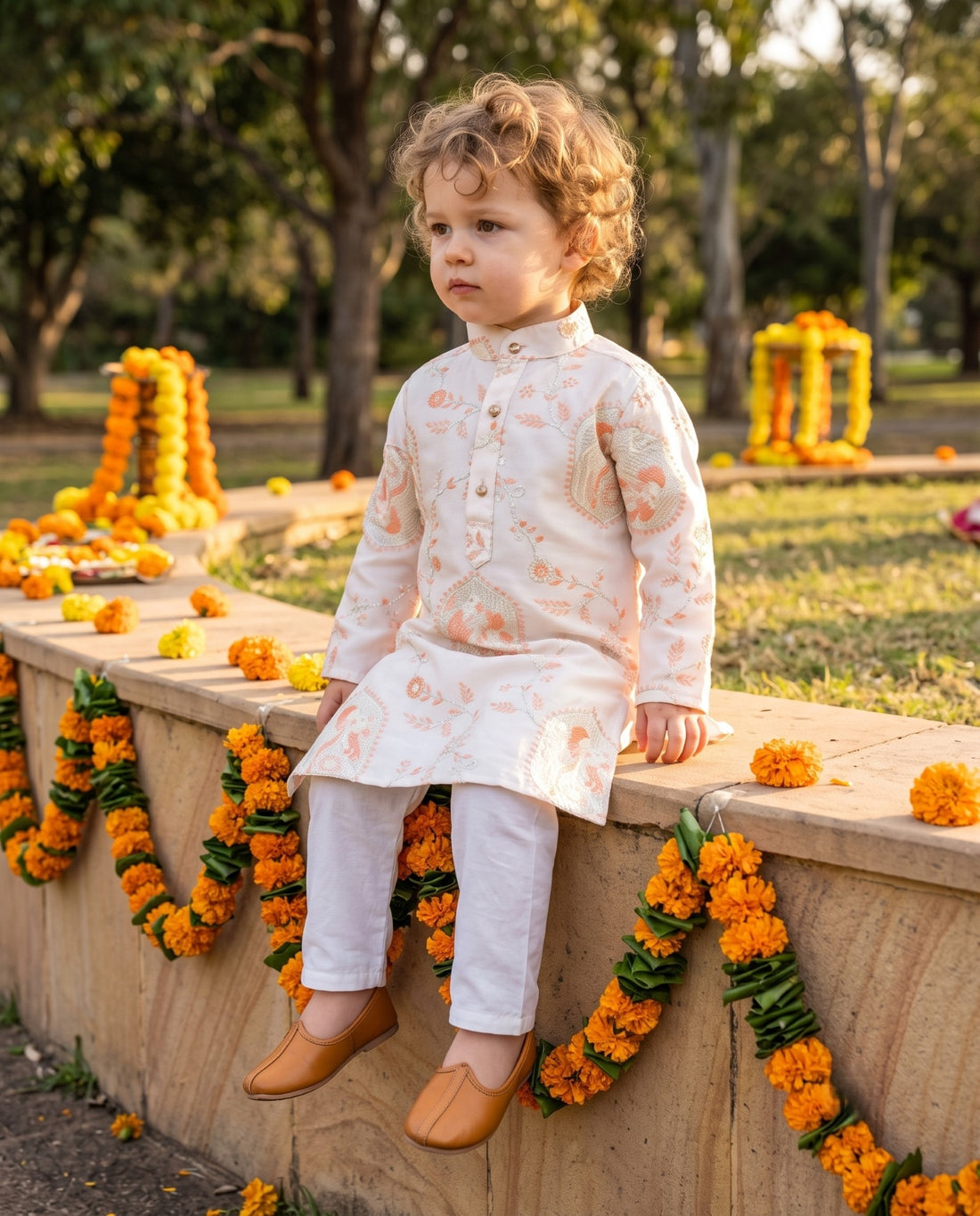 TryBuy boys ivory and peach motif kurta, 2-3 years — seated view showing long sleeves and the straight silhouette