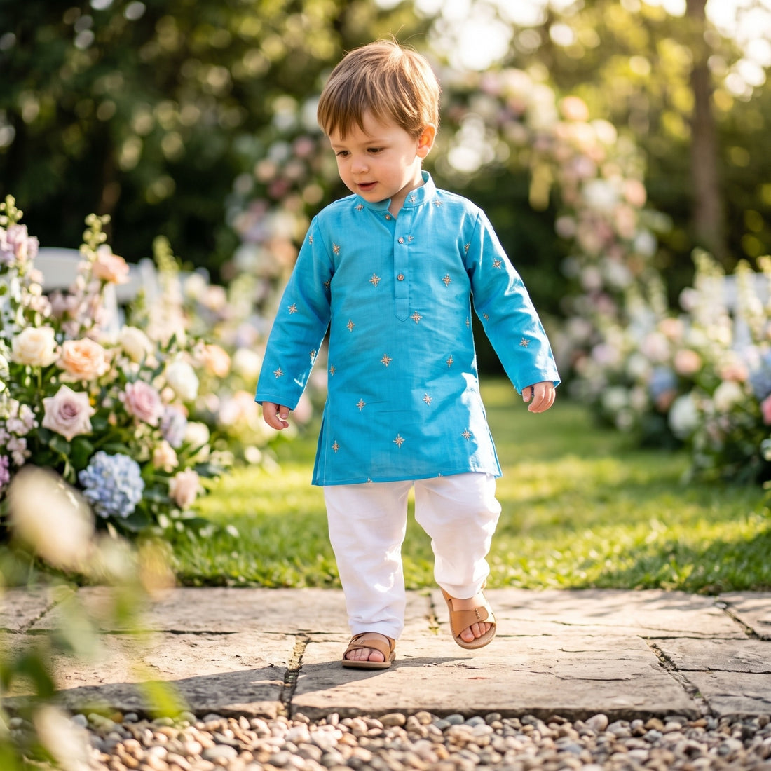 TryBuy toddler boys blue embroidered festive kurta, 2-3 years, garden walking view