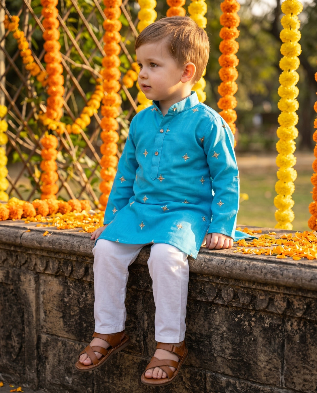 TryBuy boys sky-blue kurta showing gold-tone motifs and button placket, seated view