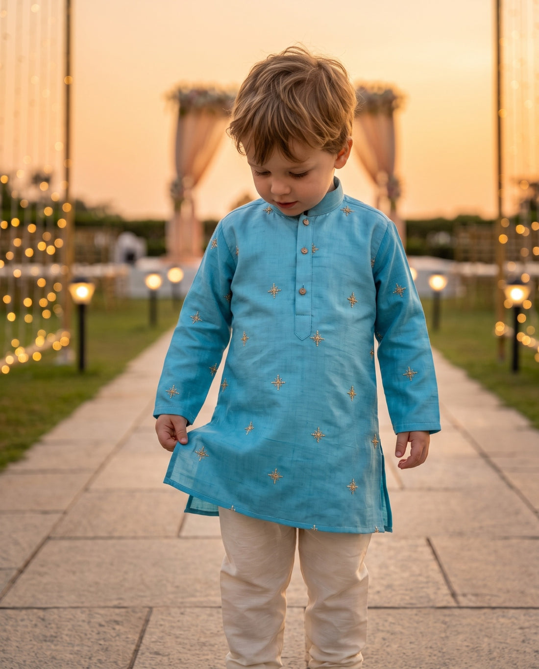 TryBuy toddler boys blue kurta showing front embroidery and straight hem