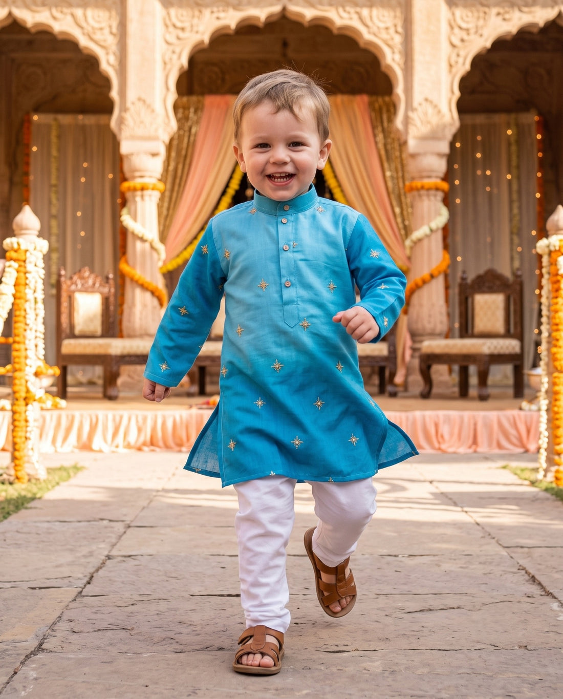 TryBuy boys blue festive kurta with small gold-tone motifs, courtyard walking view