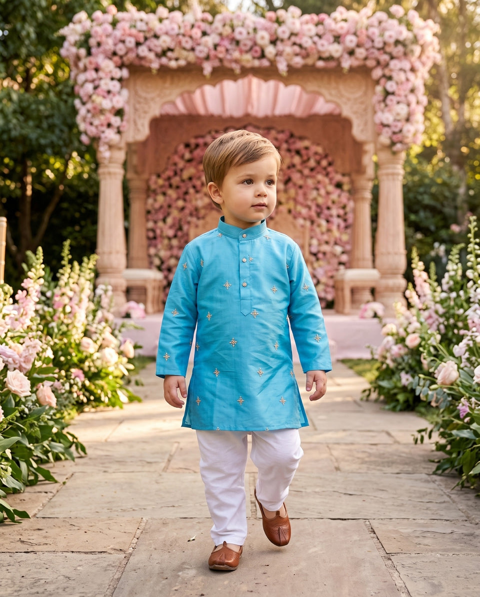 TryBuy boys sky-blue embroidered kurta with mandarin collar and long sleeves, front view