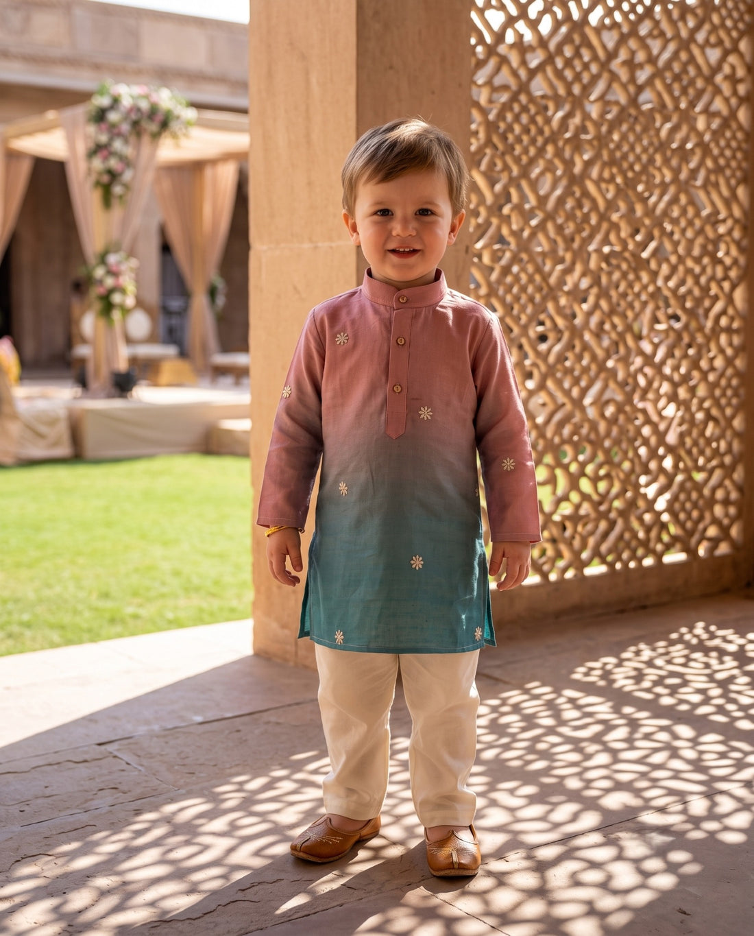 TryBuy pink and teal ombre floral motif kids kurta for 2–3 years, courtyard front view